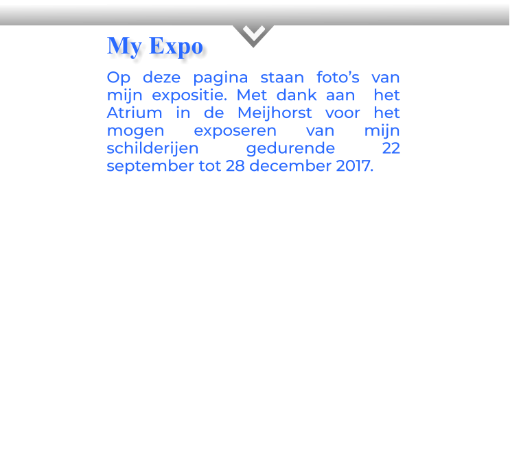 KOp deze pagina staan foto’s van mijn expositie. Met dank aan  het Atrium in de Meijhorst voor het mogen exposeren van mijn schilderijen gedurende 22 september tot 28 december 2017.     My Expo