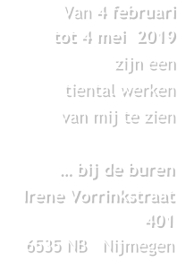 Van 4 februari tot 4 mei  2019  zijn een  tiental werken  van mij te zien     … bij de buren Irene Vorrinkstraat 4016535 NB   Nijmegen